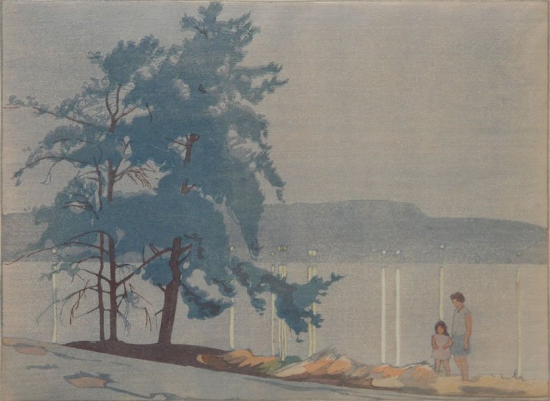 A & B: Phillips ?, Two Waterside Landscapes, California: L.S. Phillips (?), Woodblock Prints, c, 1940, SLR, Framed, 6.5 x. 9.5 each, One piece monogramed LL