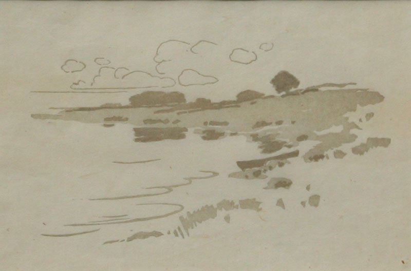 Arthur Wesley Dow, Shore of the Creek: Arthur Wesley Dow (1857-1922), Woodblock Print, c. 1900, Unsigned, Framed, 4 x 7, Provenance: artist's estate RESERVE