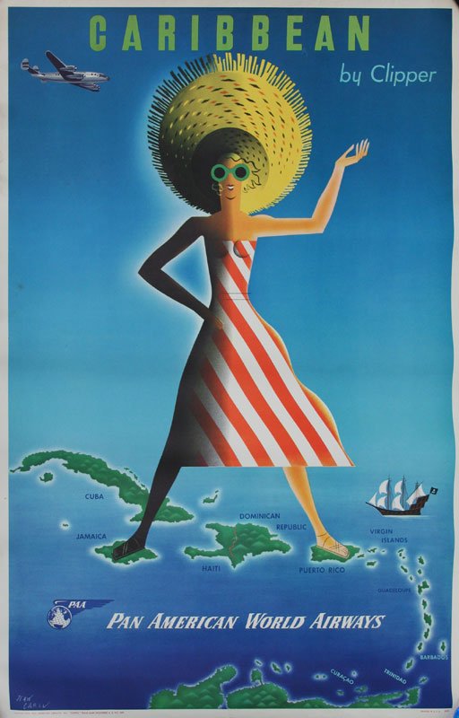 Jean Carlu, Caribbean by Clipper: Jean Carlu (1900 - 1997), Color Lithograph, 1954, SLL in Plate, Unframed, 42 x 28,