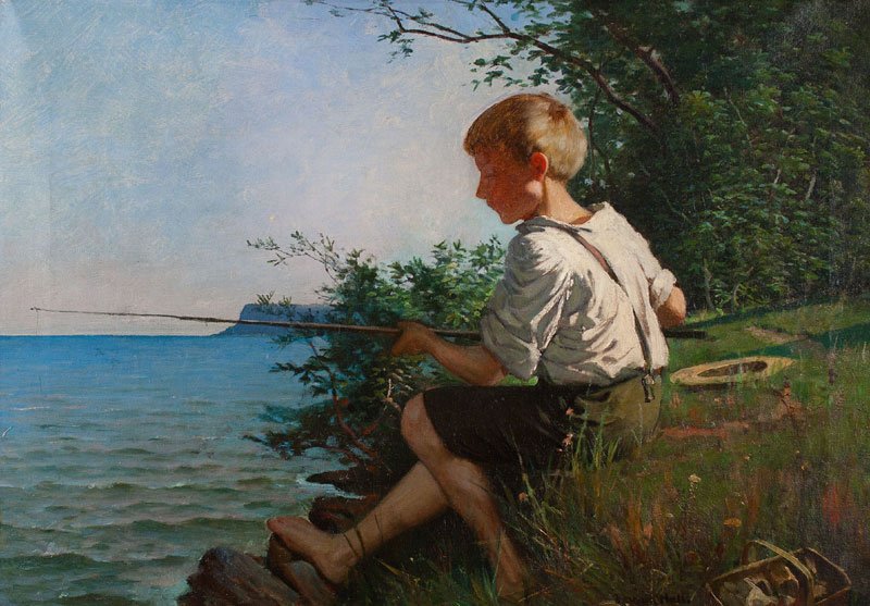 Harold Hall, Boy Fishing: Harold Hall (19th-20th Century) Oil on Canvas, SLR, Framed, 17.75 x 25.25