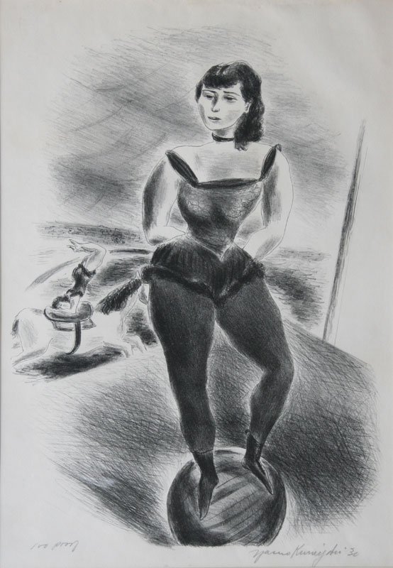 Yasuo Kuniyoshi, Acrobat: Yasuo Kuniyoshi (1889(93)-1953) Lithograph, 1930, 100 proof, SLR, Framed, 15.25 x 10. 5