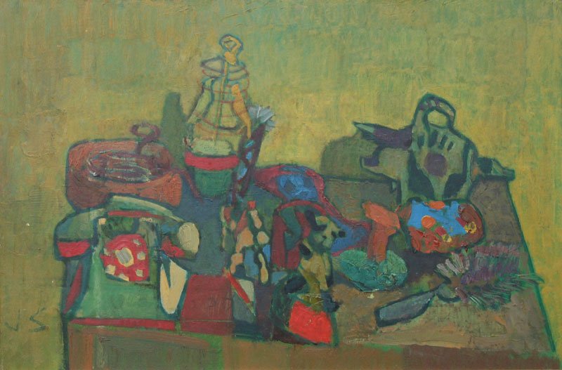 J.S, Still Life with Telephone: J.S, Oil on Panel, c. 1955, SLL, Framed, 15.25 x 23.5. Art Fair, Columbus Ave, NYC, label on verso