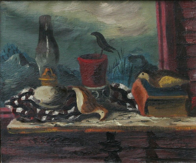 Stuart Edie, Still Life with Oil Lamp: Stuart Edie (1908-1974), Oil on Canvas, c. 1945, SLR, Framed, 10 x 12