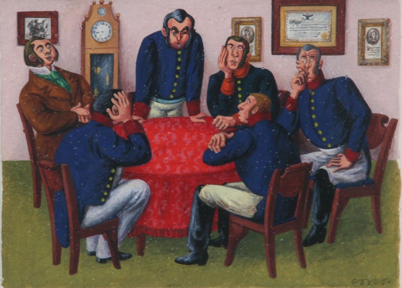 Lucille Corcos, Conference of Officials: Lucille Corcos (1908-1973), Gouache on Paper, c. 1950, SLR, Framed, 5.5 x 7. Grand Central Art Galleries lable on verso