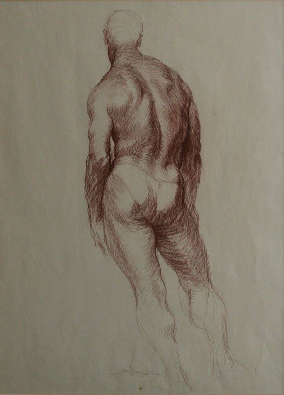 Gustav Rehberger, Standing Male: Conte on Paper, c. 1990, Framed, SLC (indistinctly), 28 x 17
