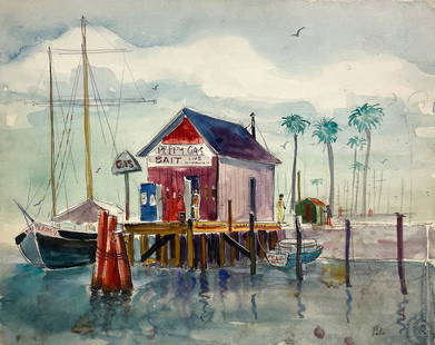 Albert Pels (American, 1910 - 1998): "Peppy Gas and Bait Shop - Clearwater, FL"; c. 1960s; Watercolor on Paper; 10" x 13"; Signed Lower Right; Unframed; Note: inscribed on verso "Clearwater, FLA".