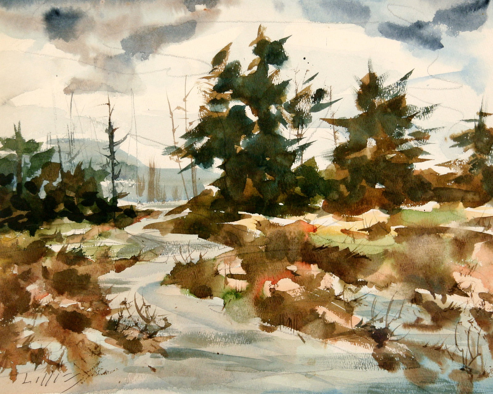 Richard Lillis (American, 1899 - 1995): "Landscape with Pine Trees"; c. 1960; Watercolor on Paper; 12" x 14"; Signed Lower Left; Framed (under glass).