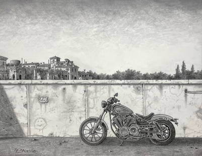 Lionel Kalish (American, 1931 - 2022): "A Motorcycle (Yamaha Bolt) in Tuscany, Italy"; 20th Century; Graphite on Paper; 16" x 21"; Signed Lower Left; Unframed.