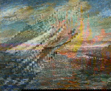 Frederick Louis Thompson (American, 1868 - 1933): "Fishing Boats at Wharf"; c. 1930; Oil on Board; 19.5" x 23.5"; Signed Lower Right; Framed.