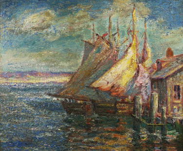 Frederick Louis Thompson (American, 1868 - 1933): "Fishing Boats at Wharf"; c. 1930; Oil on Board; 19.5" x 23.5"; Signed Lower Right; Framed.