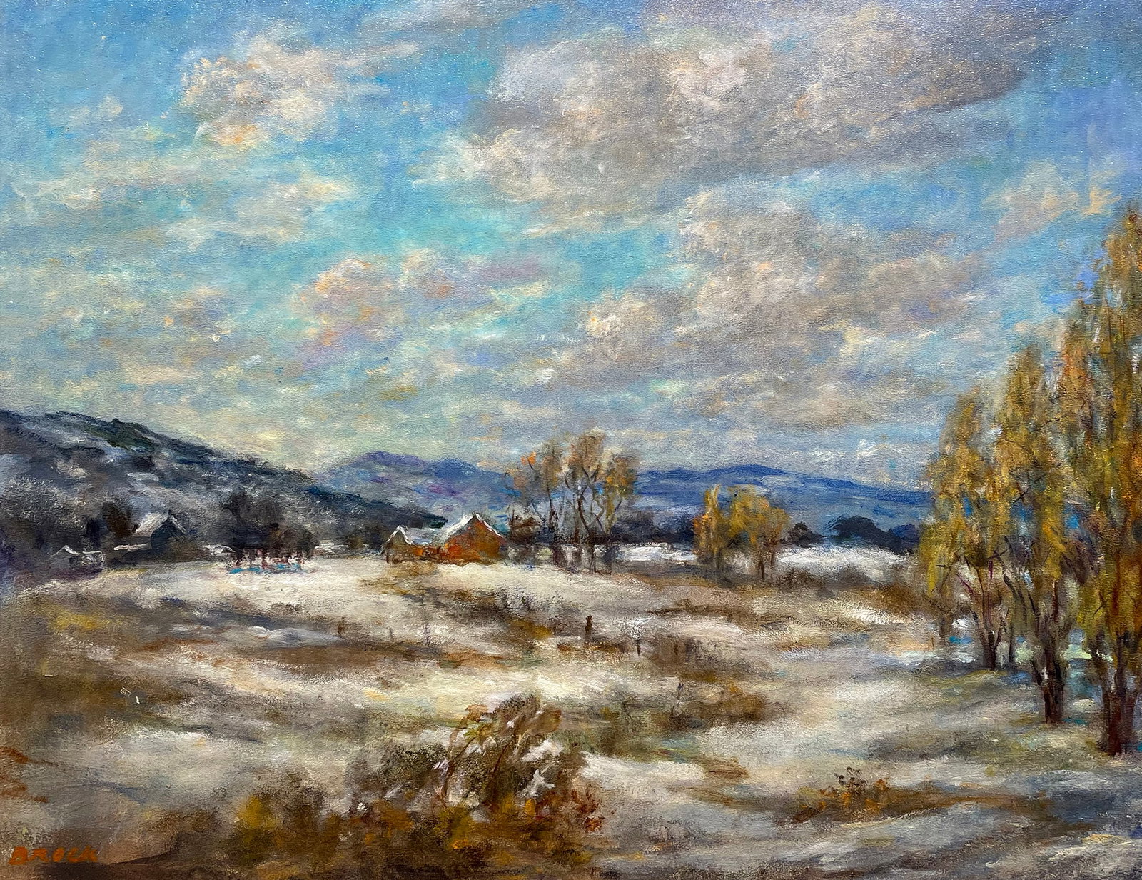 Frank "Brock" Brokenshaw (American, 1912 - 2004): "Winter Landscape"; c. 1990; Oil on Masonite; 23.5" x 29.5"; Signed Lower Left; Framed.