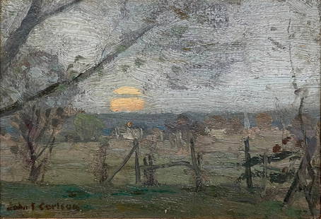 John F. Carlson (American, 1875 - 1945): "Eventide"; c. 1940; Oil on Panel; 4.25" x 6"; Signed Lower Left; Framed.