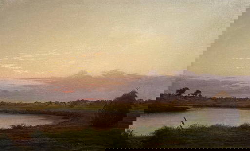 Martin Johnson Heade (American, 1819 - 1904): "Quiet River at Dusk"; c. 1865 - 1870; Oil on Canvas; 15" x 25"; Unsigned; Framed; Note: "Kennedy Galleries, Inc - New York, NY" label on verso. Painting is catalogued in "The Life and Works of Martin