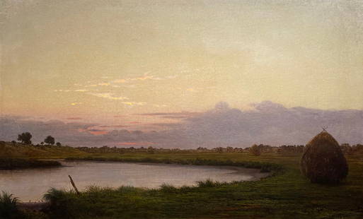 Martin Johnson Heade (American, 1819 - 1904): "Quiet River at Dusk"; c. 1865 - 1870; Oil on Canvas; 15" x 25"; Unsigned; Framed; Note: "Kennedy Galleries, Inc - New York, NY" label on verso. Painting is catalogued in "The Life and Works of Martin