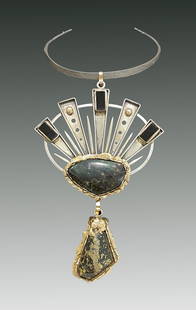 Rolph Scarlett (Canadian, 1889 - 1984): Modernist Pendant Choker; c. 1960s; Sterling Silver and 14K - 18K Gold Pendant with Onyx, Labradorite and Healer's Gold Gemstones with Choker; 7.5" x 4.5"; Unsigned; Note: the gold accents were profes