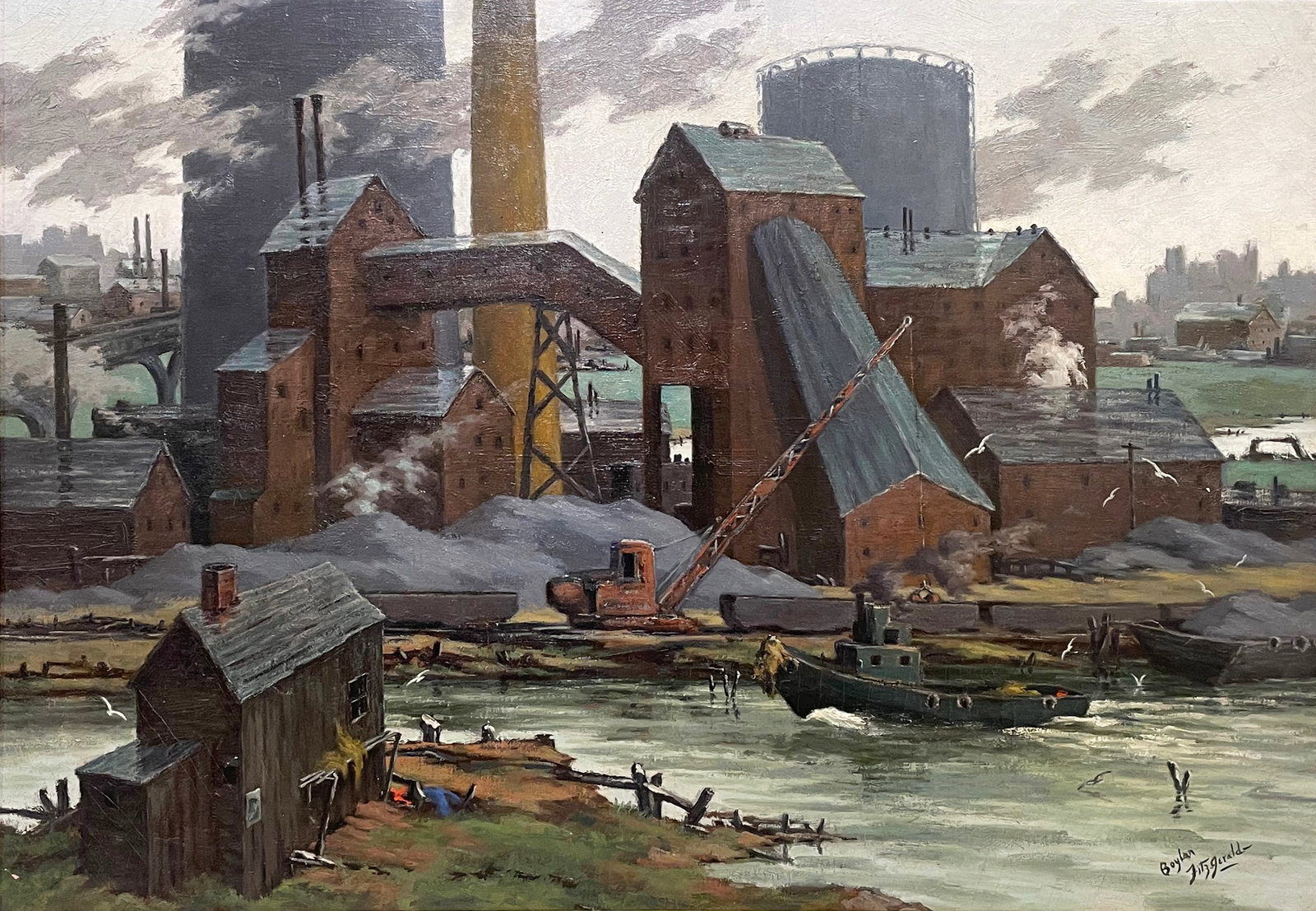Boylan Fitzgerald (American, 1909 - ?): "Industrial Landscape"; c. 1950; Oil on Canvas; 24" x 34"; Signed Lower Right; Framed.