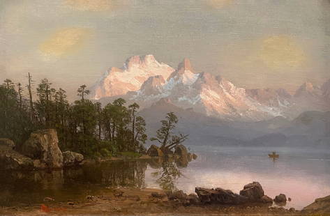 Albert Bierstadt (German-American, 1830 - 1902): "Mountain Canoeing - Sweetwater River, Wind River Mountains, Wyoming Territory"; c. 1860; Oil on Paper Laid on Canvas; 7.5" x 11"; Signed Lower Left; Framed; Provenance: Purchased at Christies New Yor