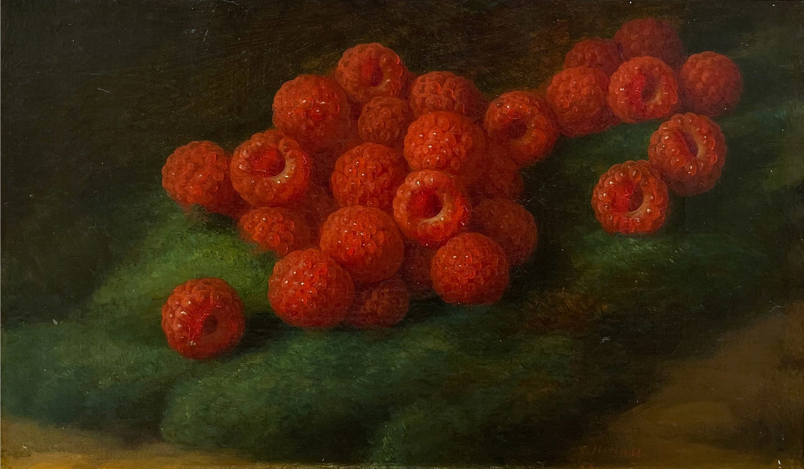 George Henry Hall (American, 1825 - 1913): "Red Raspberries"; 1866; Oil on Canvas; 6" x 10"; Signed Lower Right; Framed; Note: artist bio on verso / "Kennedy Galleries, Inc, New York, NY" label on verso; Provenance: Kennedy Galleries, Inc, New