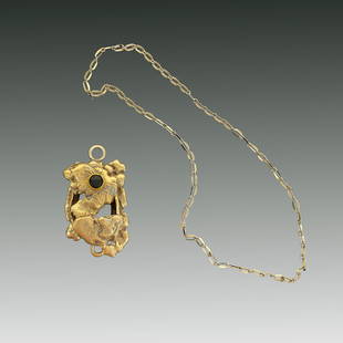 Rolph Scarlett (Canadian, 1889 - 1984): Gold Modernist Pendant; c. 1960s; 14K - 18K Gold Pendant with Onyx Gemstone and 10K-14K Gold Chain; 2.25" x 1.25"; Unsigned; Note: the gold was professionally tested and tested as 14K-18K, and the cha