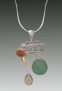 Rolph Scarlett (Canadian, 1889 - 1984): Modernist Pendant Necklace; c. 1960s; Sterling Silver Pendant with Red Moss Agate, Green Aventurine, and Labradorite Gemstones with Chain; 7" x 3.75" (Pendant); Signed on Verso; Note: chain is 11.5" l