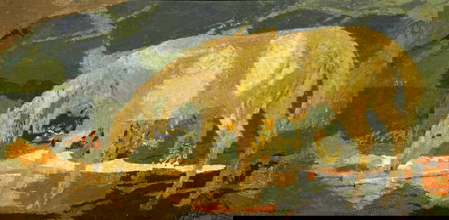 Ethel Magafan (American, 1916 - 1993): "Lone Horse"; c. 1968; Tempera on Board; 18" x 36.25"; Signed Lower Right; Framed; Note: titled and signed on verso.
