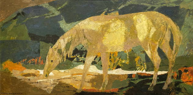 Ethel Magafan (American, 1916 - 1993): "Lone Horse"; c. 1968; Tempera on Board; 18" x 36.25"; Signed Lower Right; Framed; Note: titled and signed on verso.