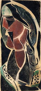 William Zorach (American, 1889 - 1966): "Abstract Portrait of a Woman"; 1920; Linocut; 9.5" x 4"; Signed Lower Right; Unframed; Note: inscribed lower margin "To Nat and Kay Kaz - from William Zorach - May 27, 1952".