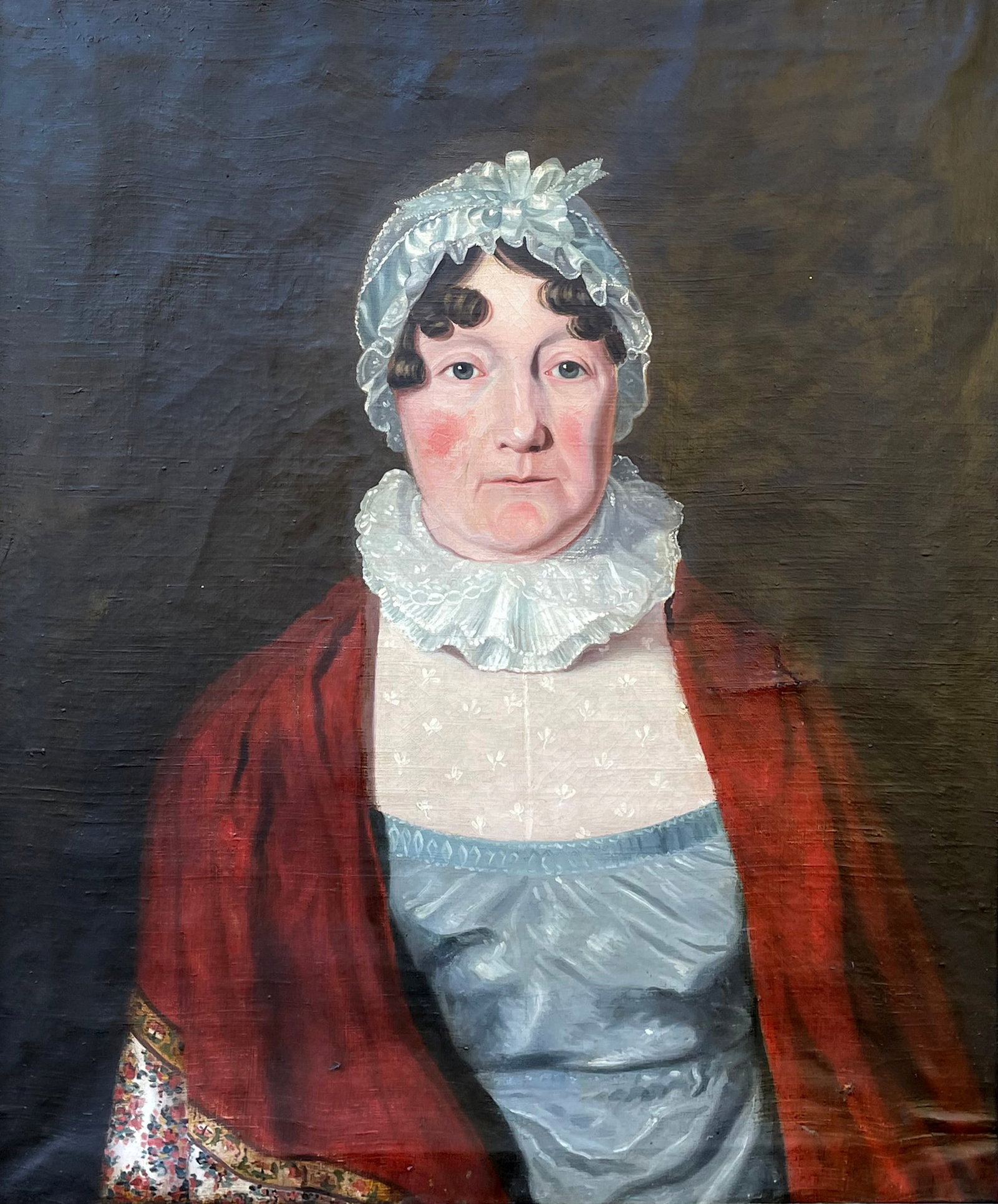Unknown American Artist: Portrait of a Lady with a Shawl"; c. 1835; Oil on Canvas; 29.5" x 24.5"; Unsigned; Framed; Note: typed label on verso "circa 1835. A member of the Van Vliet family, it was found in Newburgh