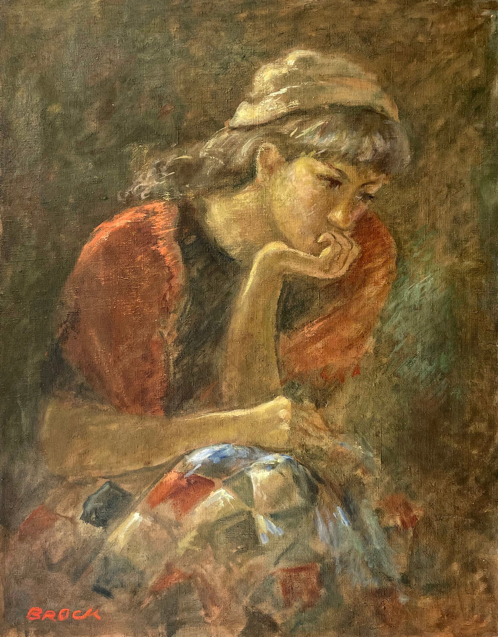 Frank "Brock" Brokenshaw (American, 1912 - 2004): "Pensive Woman"; c. 1970s; Oil on Canvas; 31.5" x 24.5"; Signed Lower Left; Framed.