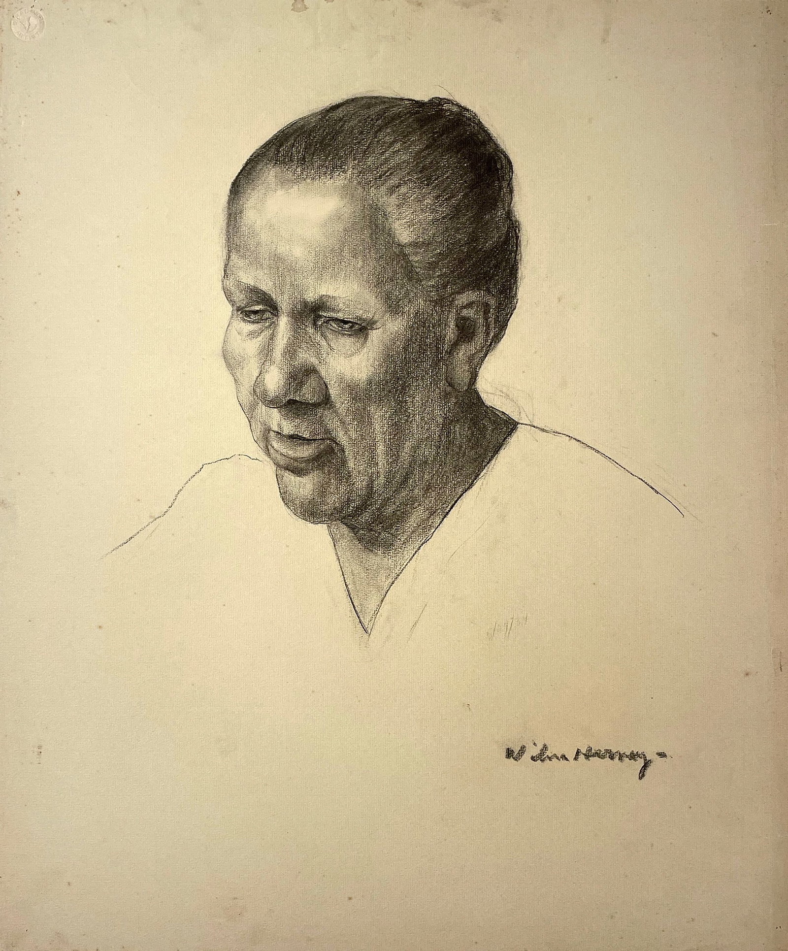 Wilna Hervey (American, 1894 - 1979): "Portrait of a Woman"; 1934; Charcoal on Paper; 24" x 20" (sheet); Signed Lower Right; Unframed.