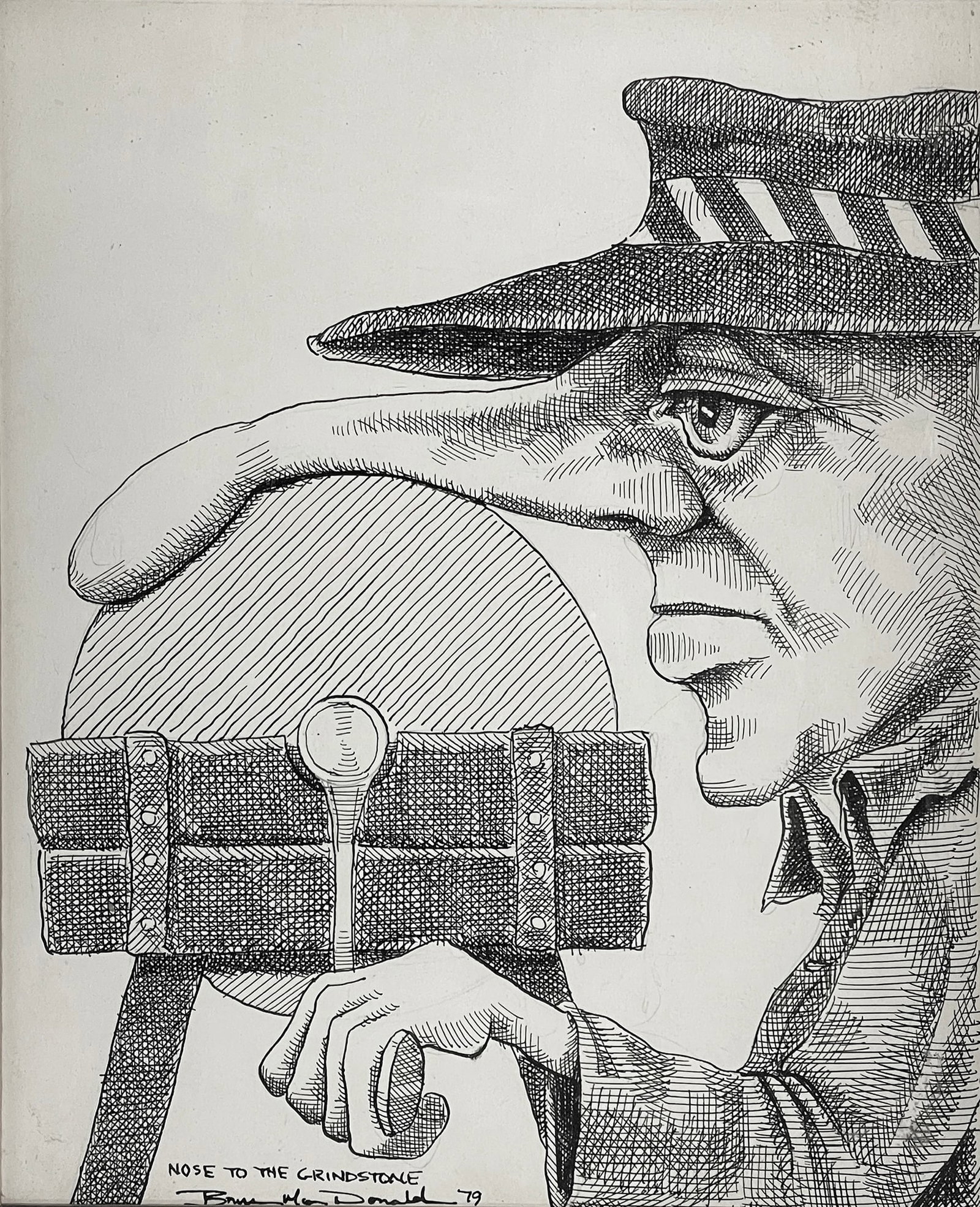 Bruce MacDonald (20th Century): "Nose to the Grindstone"; 1979; Ink on Paper; 8.5" x 6.75"; Signed Lower Left; Framed (under glass).