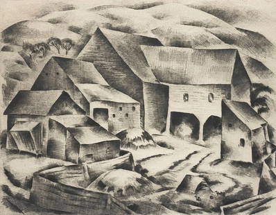 Albert Heckman (American, 1893 - 1971): "Woodstock Barnyard"; c. 1940; Lithograph; 7.75" x 9.75"; Signed Lower Right; Framed (under glass).