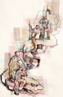 Louis Wolchonok (American, 1898 - 1973): "Working Men Ascending the Rocks"; c. 1950s; Ink and Watercolor on Paper; 10" x 5.75"; Signed Lower Right; Unframed.