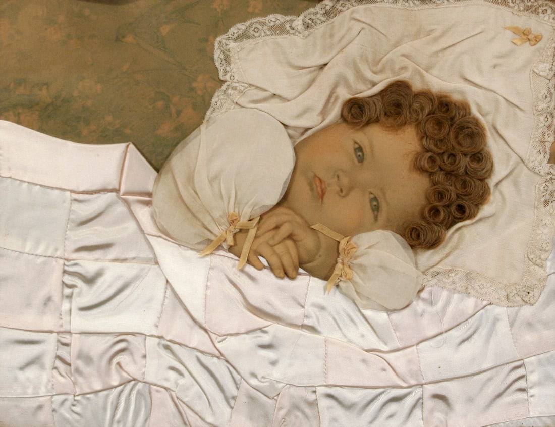 Baby Mourning Memorial: Mourning Memorial; c. 1930s; Mixed Media with Hair and Fabric; 13.75" x 17.5"; Unsigned; Framed (under glass).