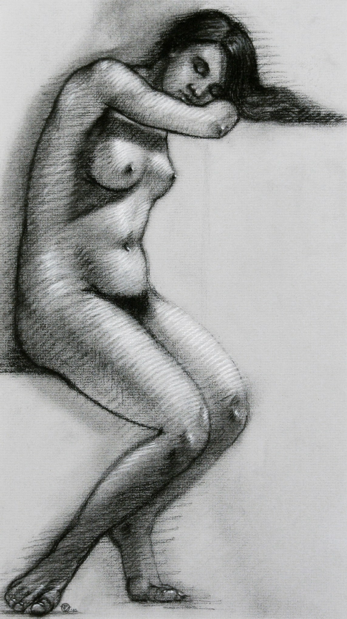 Patrizia Vignola (American, b. 1967): "Resting Nude"; 2003; Charcoal on Paper; 14.75" x 8.25"; Artist Monogram Lower Left; Framed (under glass).