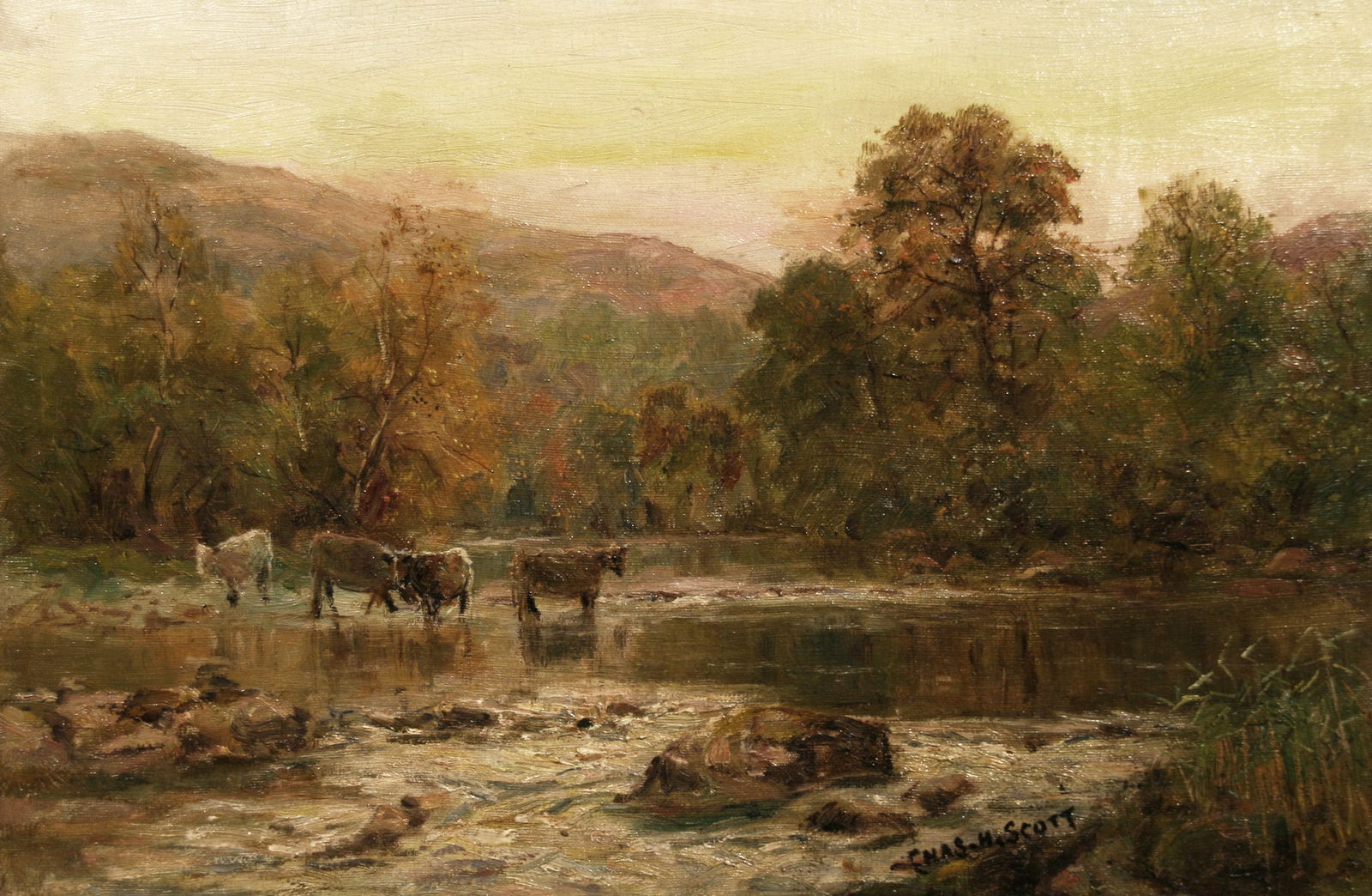 Charles H. Scott (Canadian, 1886-1964): "Cows in Stream"; Early 20th Century; Oil on Canvas; 12" x 17"; Signed Lower Right; Framed.