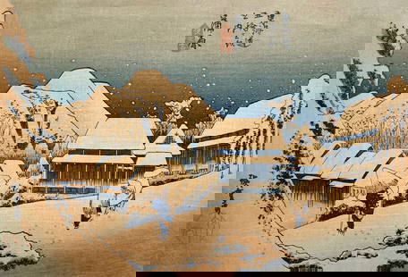 Utagawa Hiroshige (Japanese, 1797 - 1858): "Evening Snow at Kanabara" from the series "Fifty-three Stations of the T?kaido"; c. 1833-34; Woodblock Print; 6" x 9"; Signed Lower Left; Framed (under glass).