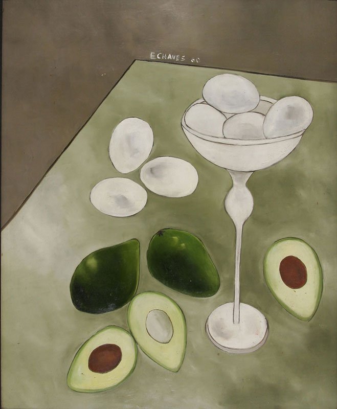 E. Chaves (20th century): Still Life with Avocados, 1960, Oil on Board, 16.75" x 13.25", Signed Lower Left, Framed. Oil sketch of lighthouse on verso.
