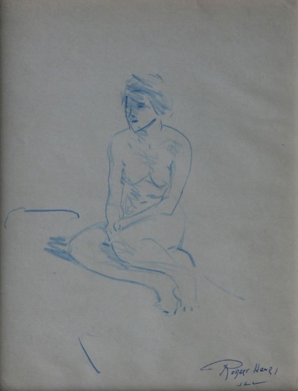 Robert Henri (1865-1929): Seated Nude, c. 1910, Crayon on Paper, 10" x 7.5", Signed Lower Right, Initialed by artist's nephew John LeClair, Framed.