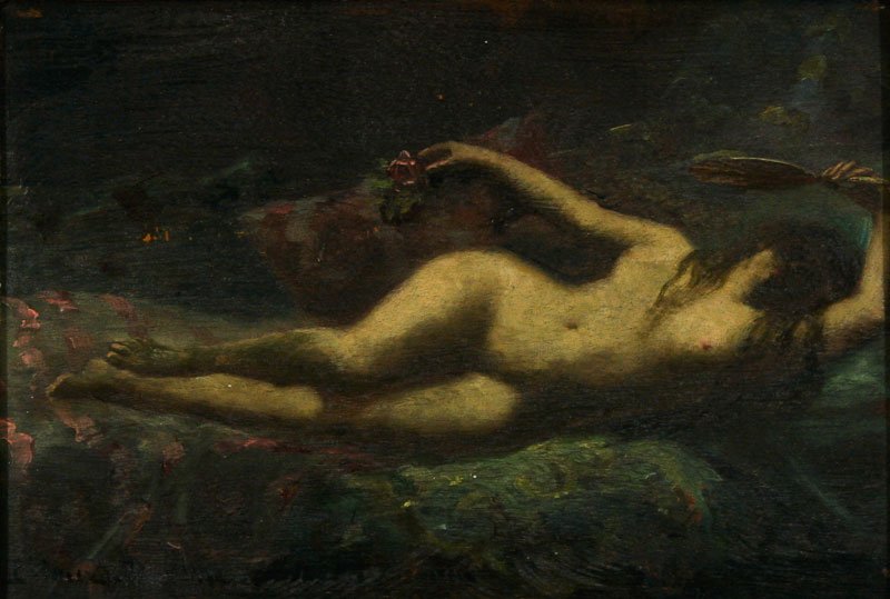 French School, 19th Century: Reclining Nude with Fan, 19th Century, Oil on Board, 7" x 10.5", Signed Lower Left (illegible), Framed. Antique frame, some chipping. Condition Note: The condition is fair because it needs cleaning an