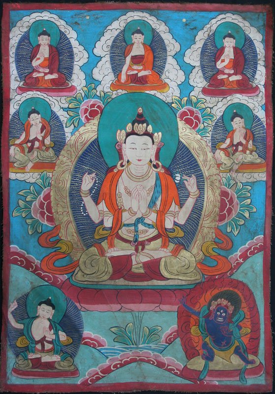 Tibetan Tanka: Tibetan Tanka, 20th C., Gouache on Fabric, 29.5" x 20", Unframed. Artist's hand prints on verso.