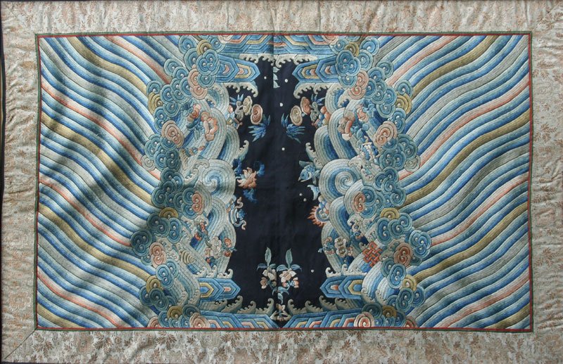 Chinese Embroidered Silk: Silk Panel, Motif Naturale. c. 1920, Embroidered Silk with Brocade Border, 24" x 37.5", Unframed.