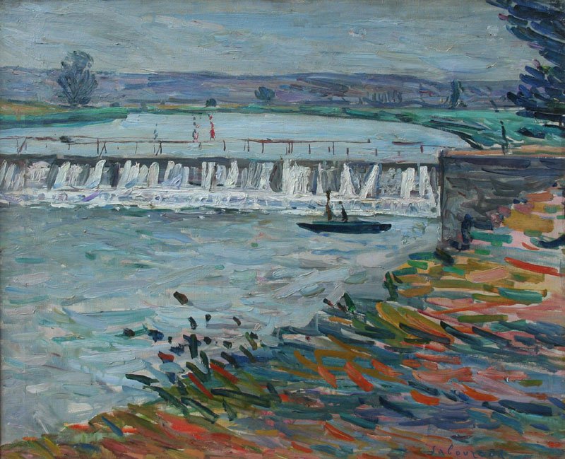 Emile Sabouraud (1900-1996): Le Barrage de Chezy sur Marne, n.d. Oil on Canvas, 24" x 29", Signed Lower Right, Framed.
