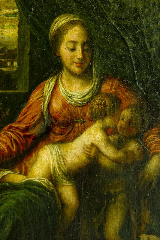 Old Master: Virgin with Baby Jesus and John the Baptist, 18th C., Oil on Panel, 11" x 8", Framed. Exquisite quality old master painting. Provenance: Milton and Shirley Glaser, Woodstock, NY.