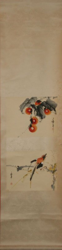 Chinese Scroll: Two Panel Scroll/Plum and Bird Motif, 20th C., Ink and Watercolor on Paper, Mounted on Silk Scroll; 12" x 14.5" each panel; Signed Lower Right and LL. Wood dowel shaped mounts top and bottom. Overall 