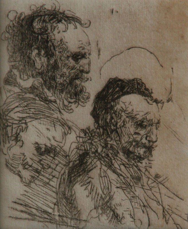 Rembrandt Van Rijn (1606-1669): Three Studies of Old Men's Heads, c. 1630, Etching, 3.5" x 3.25", Unsigned, Framed. Title found in Complete Etchings of Rembrandt catalogue, Dover Publications, plate # B. 374.