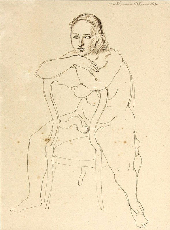 Katherine Schmidt (1898-1978): Woman on Chair, n.d., Pen and Ink on Paper, 13" x 9.5", Signed Upper Right, Framed. Collection, Yasuo Kuniyoshi.