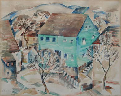 Albert Heckman (1893-1971): The Green Barn, c. 1930, Watercolor, 14" x 17.5", Signed Lower Left, Framed.