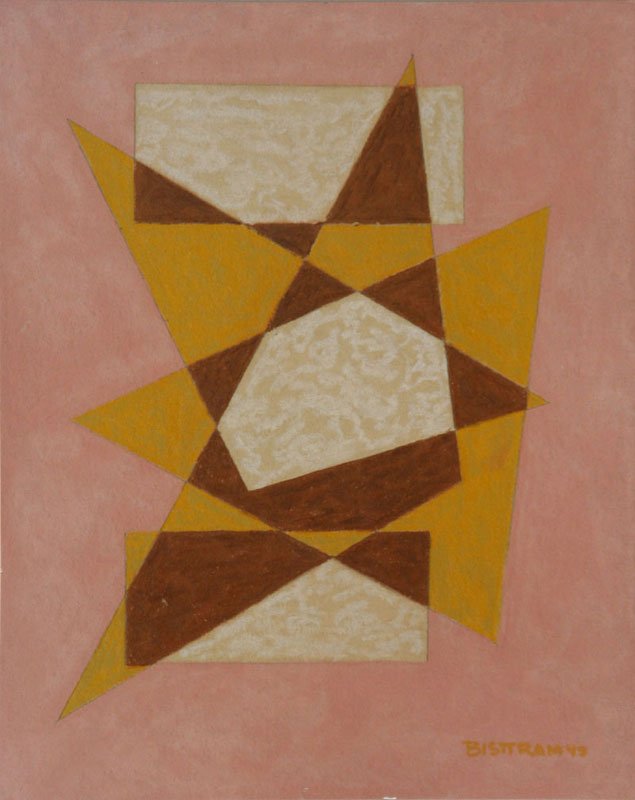 Emil Bisttram (1895-1976): Untitled (Abstract Angles in Rose, Brown & Gold), 1943, Encaustic on Paper, 9.5" x 7.75", Signed Lower Right, Framed. RESERVE.