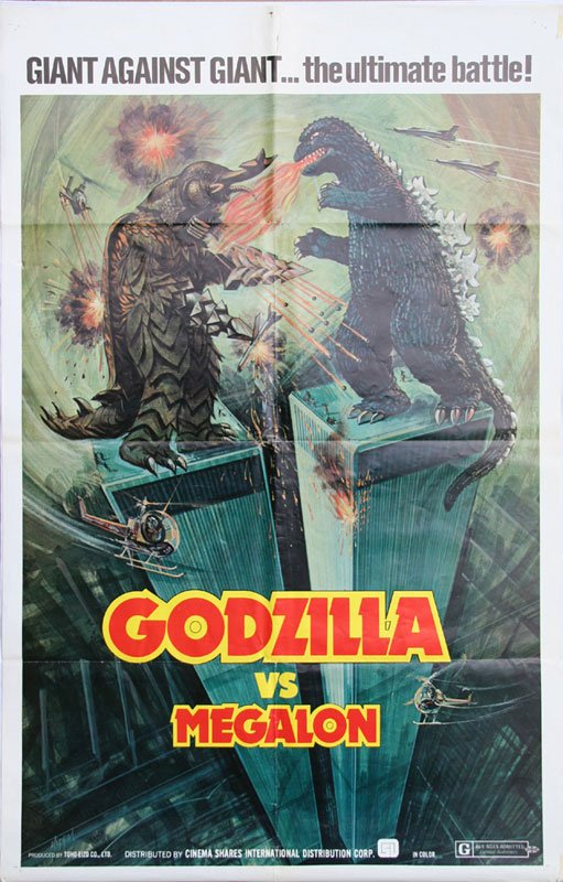 Movie Poster: Full Sheet Movie Poster for "Godzilla vs. Megalon", n.d., Lithograph, 40" x 27", Unframed. Depicts Godzilla and Megalon in combat atop the World Trade Towers.